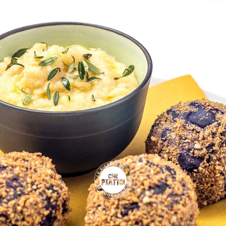 Polpette di cavolo cappuccio viola, patate e timo su crema di ceci e sedano rapa