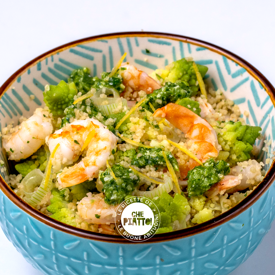 Cous-cous integrale con gamberi al limone e broccoli romaneschi al vapore
